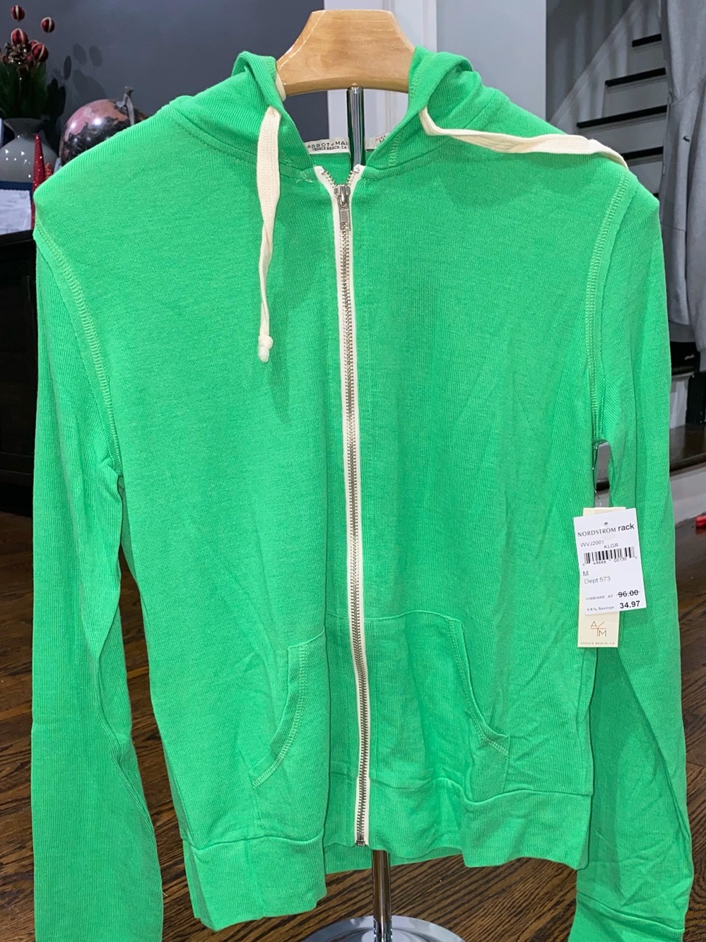 New Bright Green Zip-Up Hoodie with Cream Drawstrings